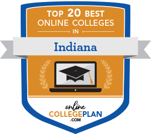 Orange badge with blue outline. "Top 20 Best Online Colleges in Indiana" written at the top. Computer with grad cap in the center. "OnlineCollegePlan.com" at the bottom of badge.
