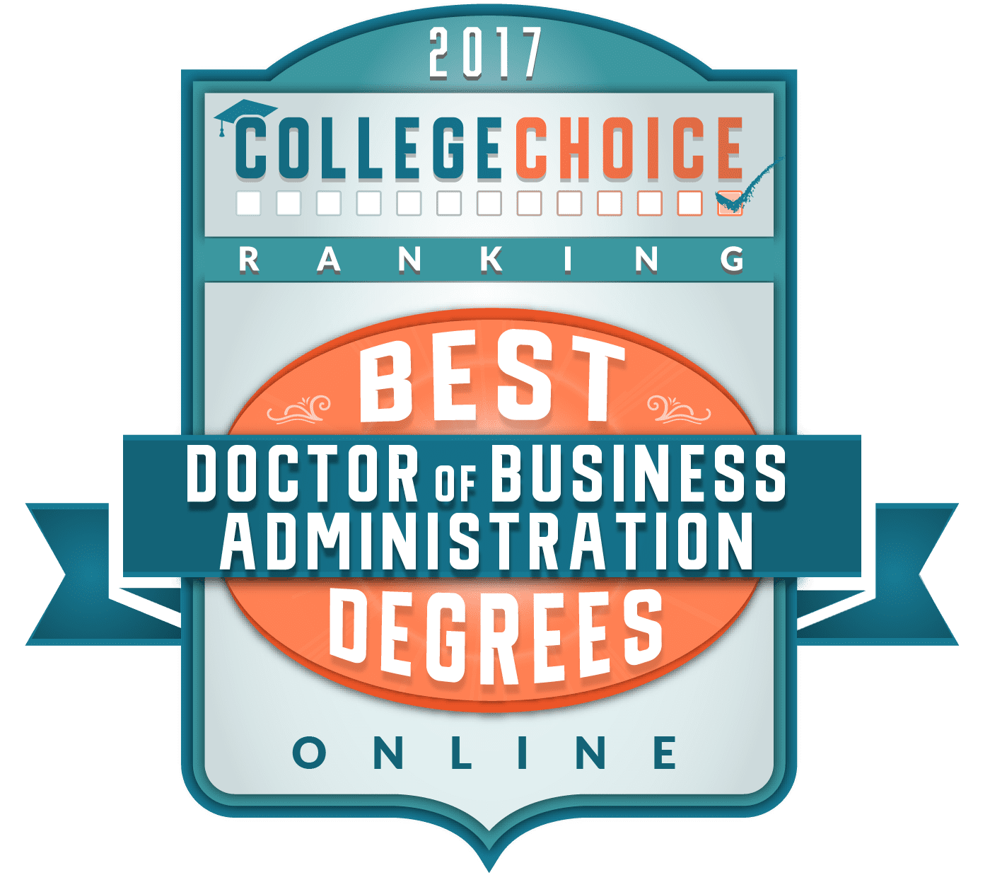Green and blue badge. "2017" written in white at the top. "Best Degrees" in a circle with "Doctor of Business Administration" centered. "Online" at the bottom of badge.