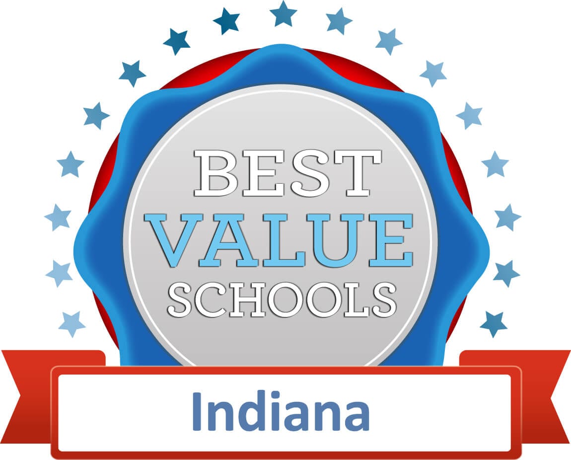 A ribbon in red, white, and blue stating "Best Value Schools: Indiana"