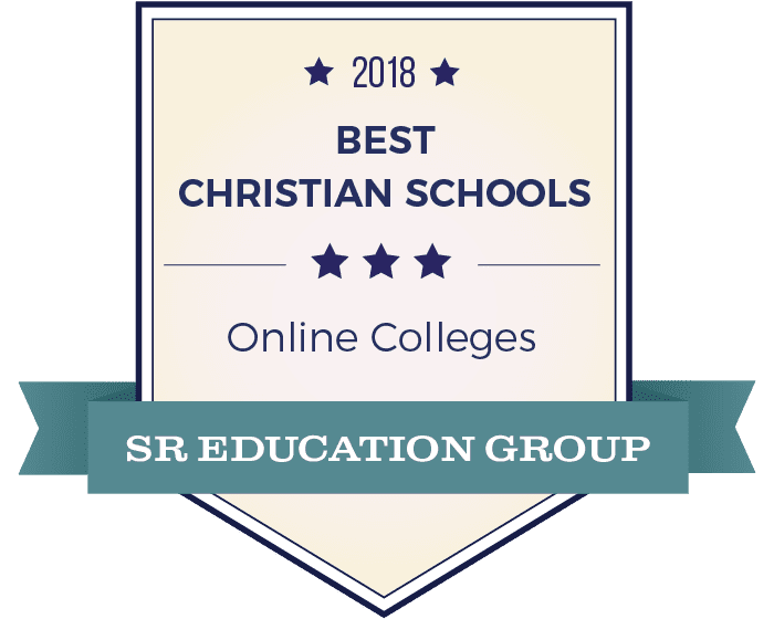 Cream colored badge with a green stripe near the bottom. States "2018 Best Christian Schools / Online Colleges / Sr Education Group"