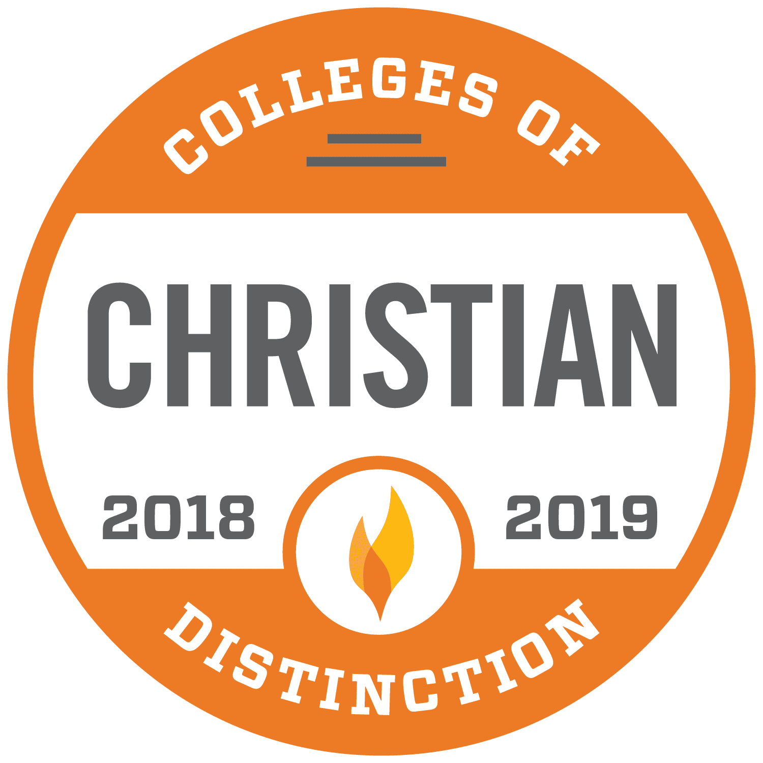 Orange circle. States "Colleges of Distinction. Christian 2018-2019"