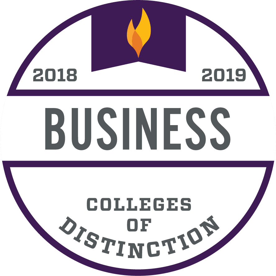 White badge with purple outline. Flame at the top "2018" & "2019" on the sides. "Business" written in the center. "Colleges of Distinction" at the bottom.