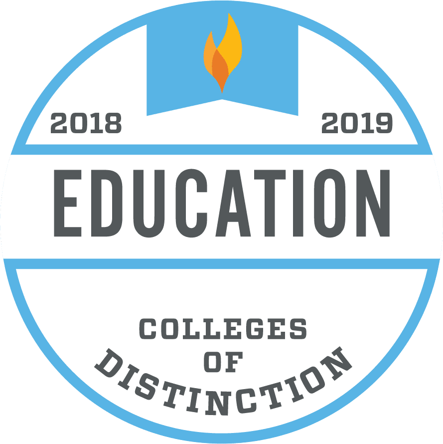 White badge with light blue outline. Flame at the top of the badge with "2018" & "2019" on the sides. "Education" in the middle. "Colleges of Distinction" lined at the bottom.