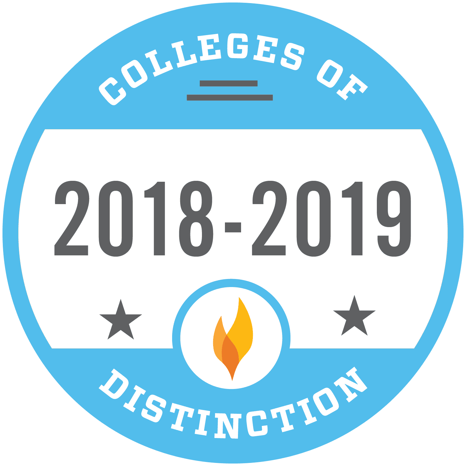 Blue Circle. States "Colleges of Distinction" at top and bottom. States "2018-2019" on white background in the middle.