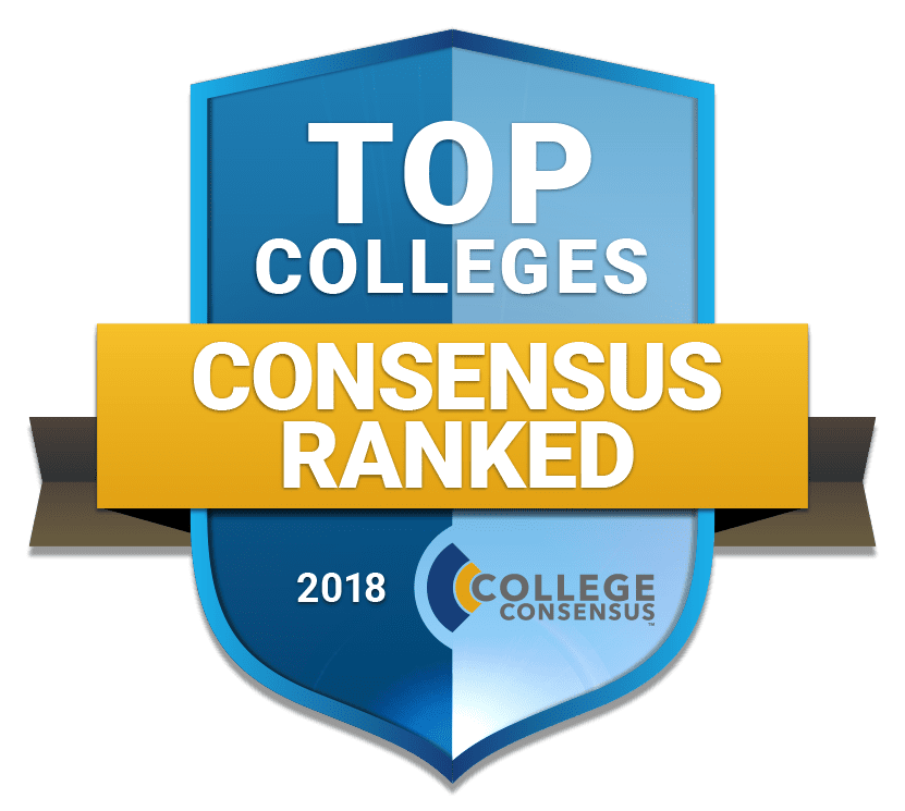 Blue badge with a yellow bar across it. Says "Top Colleges Consensus Ranked. 2018 College Consensus."