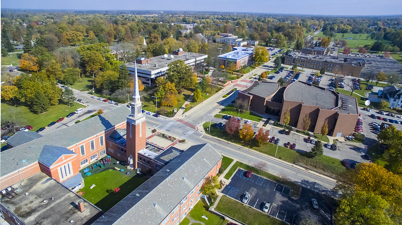 Aerial view of Anderson University from behind Park Place Church of Good