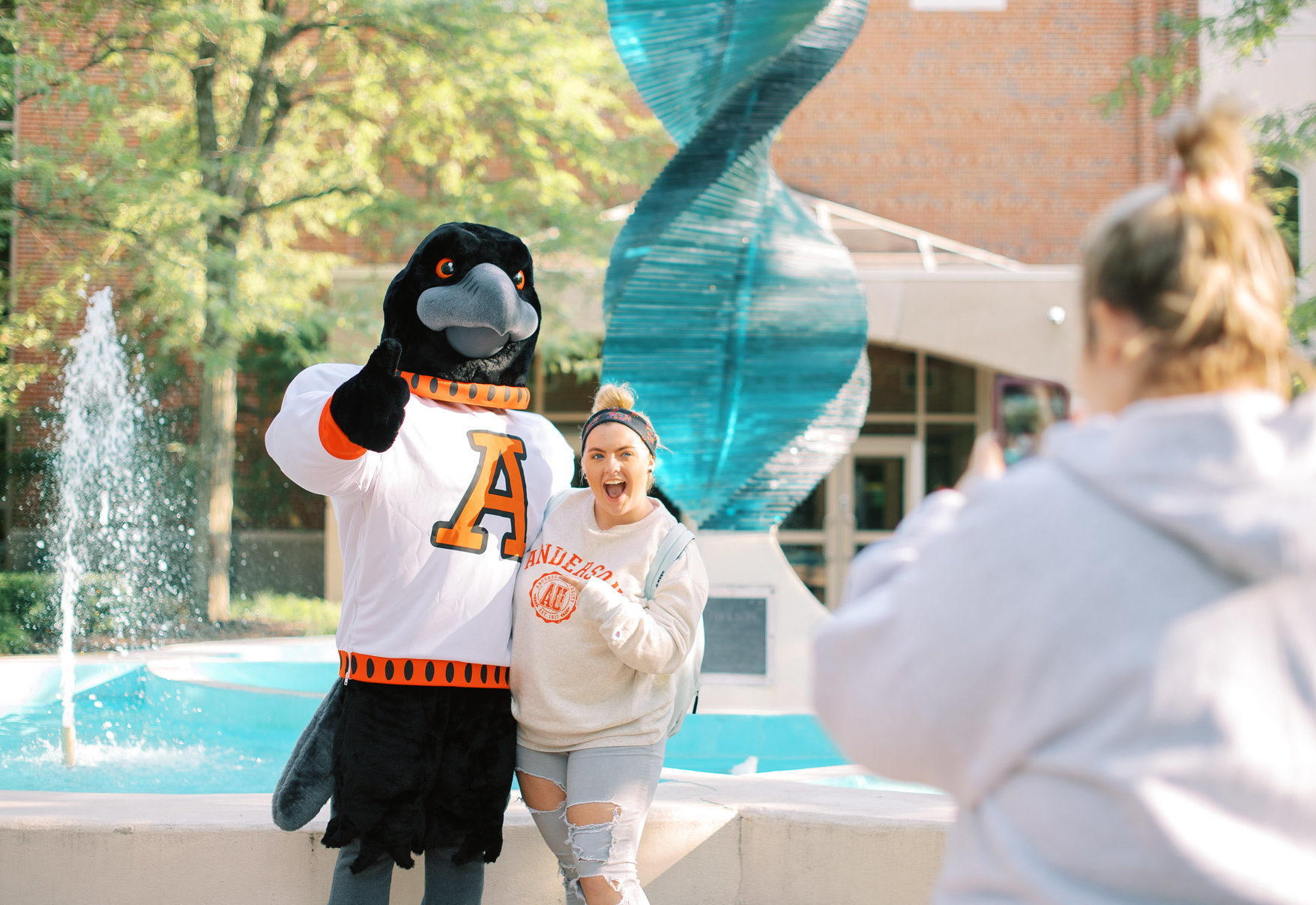 Mascot with Anderson University students in Indiana