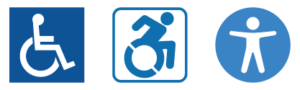 Three icons. Traditional handicapped icon on left. Racing wheelchair icon in center. Standing person icon on right.