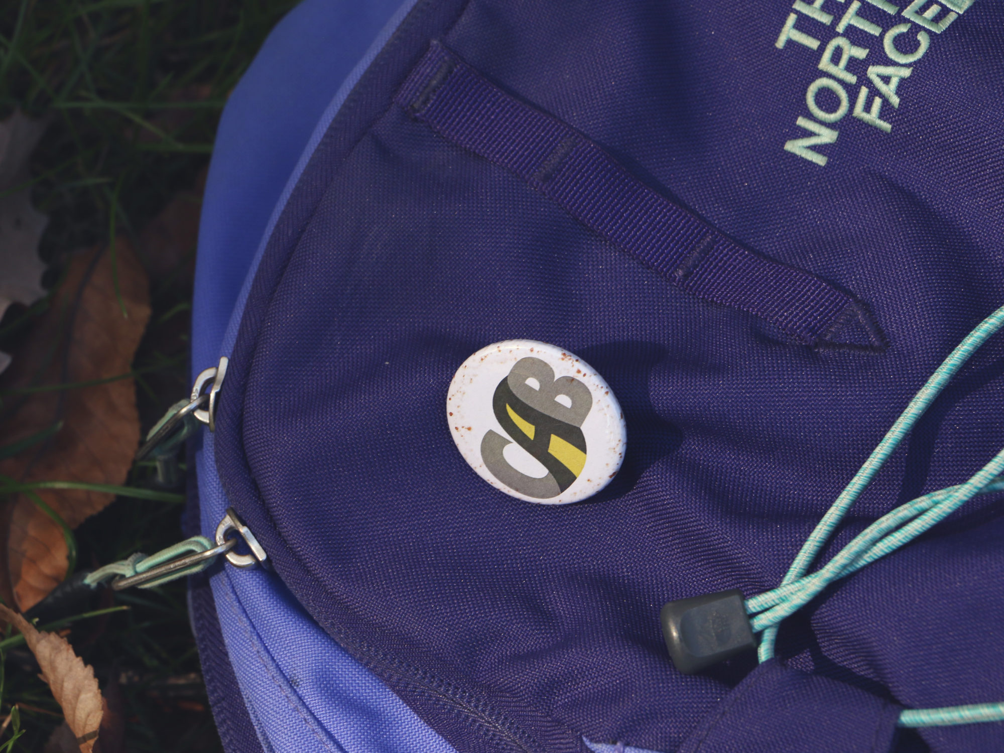 detail view of backpack showing CAB pin