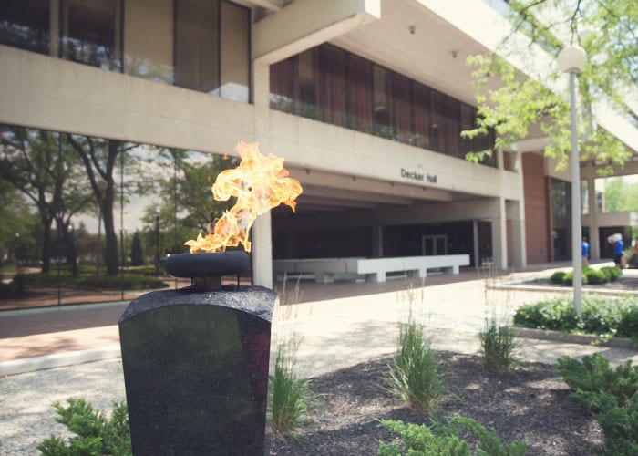 Eternal flame outside of Decker Hall.