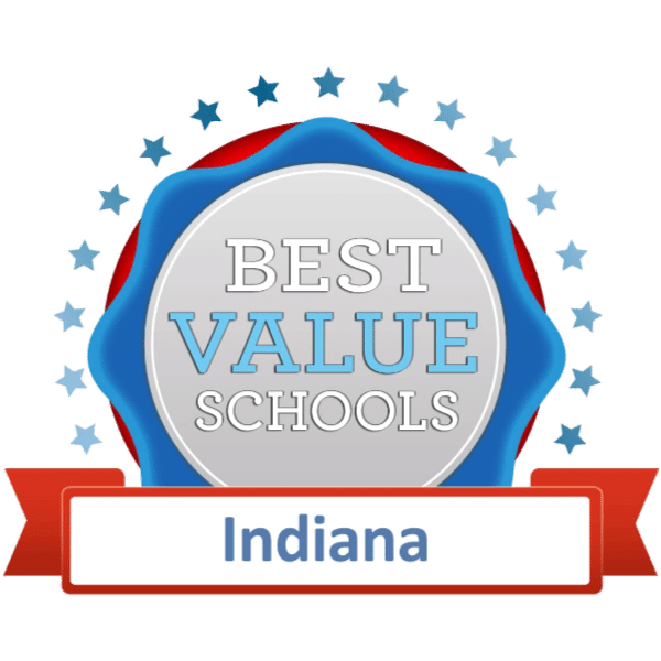 A ribbon in red, white, and blue stating "Best Value Schools: Indiana"