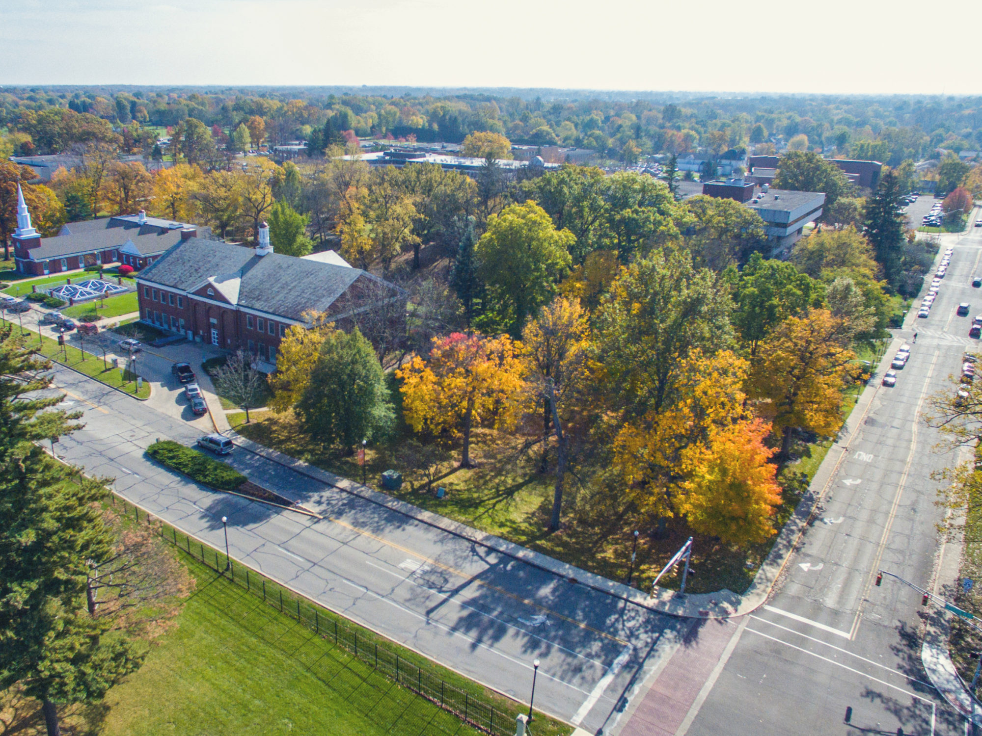 Aerial view of campus during the fall.