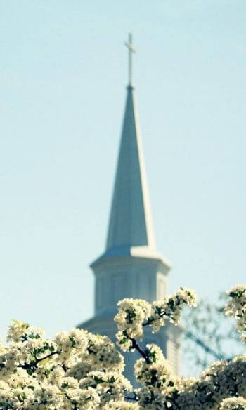 Anderson University campus spire in spring