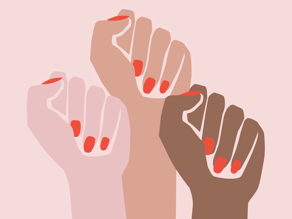 Graphic with three fists raised, each wearing red nail polish on a different skin tone.