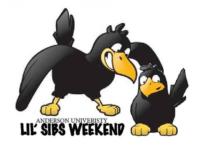 A large cartoon raven gives a noogie to a smaller cartoon raven. text says "Anderson University Lil' Sibs Weekend"