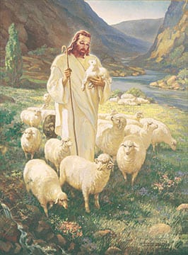 Jesus shepherd holding a lamb and staff
