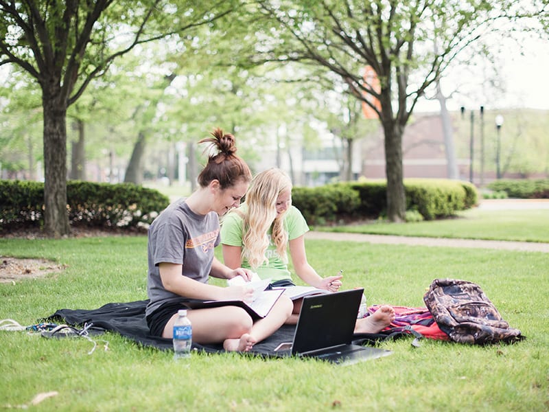 students with shoes off sitting on blanket on grass studying